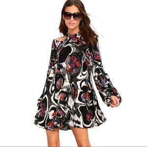 FREE PEOPLE Drift Away Black Abstract Print Cold Shoulder Tunic Top Dress - SZ M